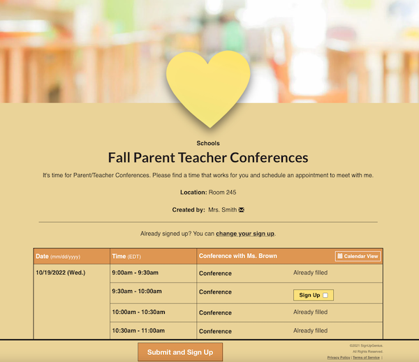 screenshot of fall parent teacher conferences sign up