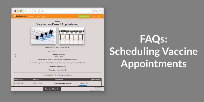 image of vaccination sign up on a desktop browser with text: FAQs: Scheduling Vaccine Appointments