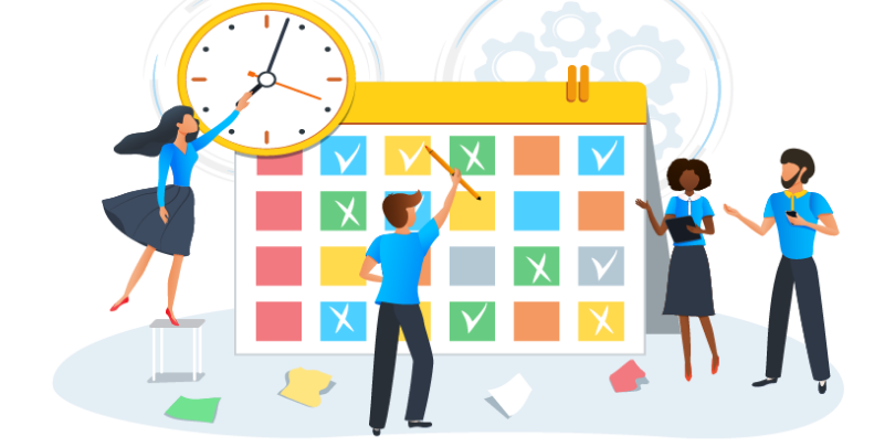 illustrated image of office coworkers putting a schedule together
