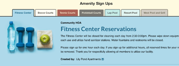 screenshot of amenity sign ups tabbed together such as fitness center reservations