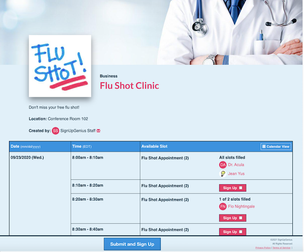 screenshot of flu shot clinic sign up