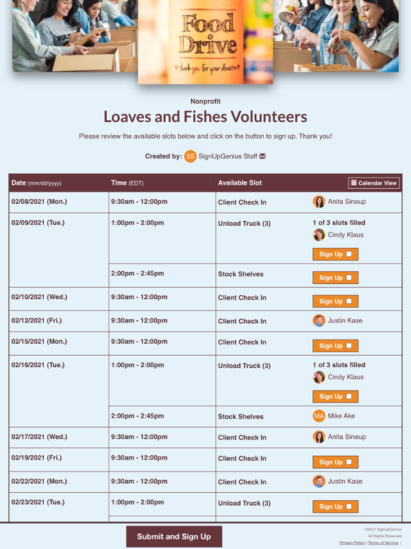 screenshot of loaves and fishes food drive volunteer sign up