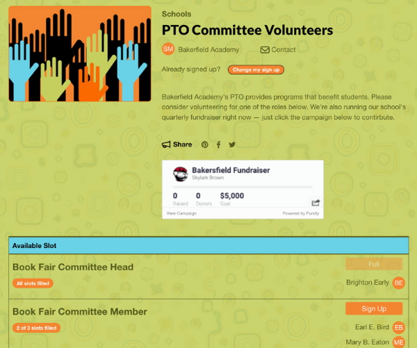 pto committee volunteer sign up with fundly fundraiser integrated