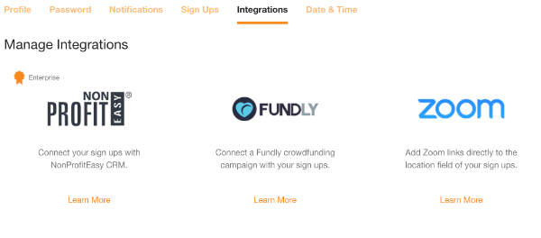 signupgenius manage integrations settings nonprofiteasy crm zoom fundly