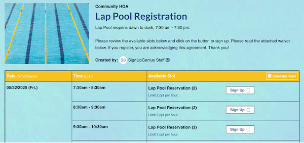 screenshot of sign up showing lap pool registration time slots
