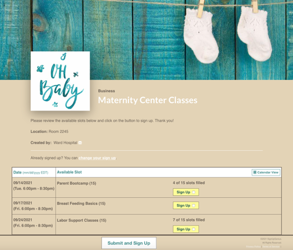 screenshot of registration sign up sheet for maternity center classes