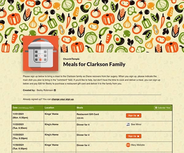 screenshot of sign up organizing meals for clarkson family after surgery