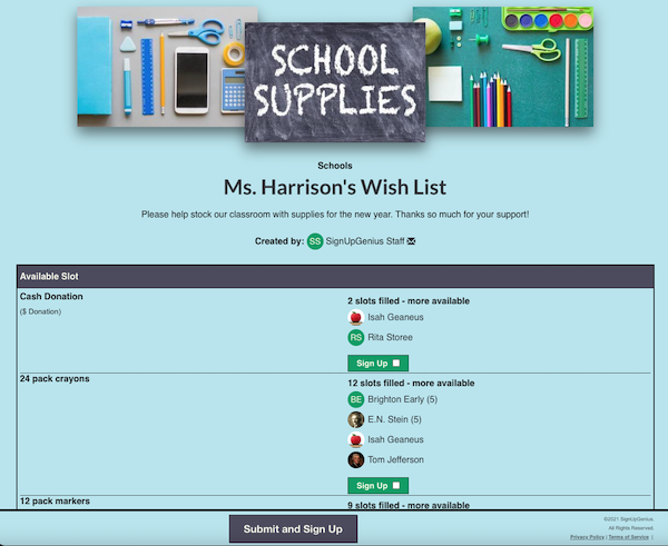 screenshot of ms. harrison's school supplies wish list
