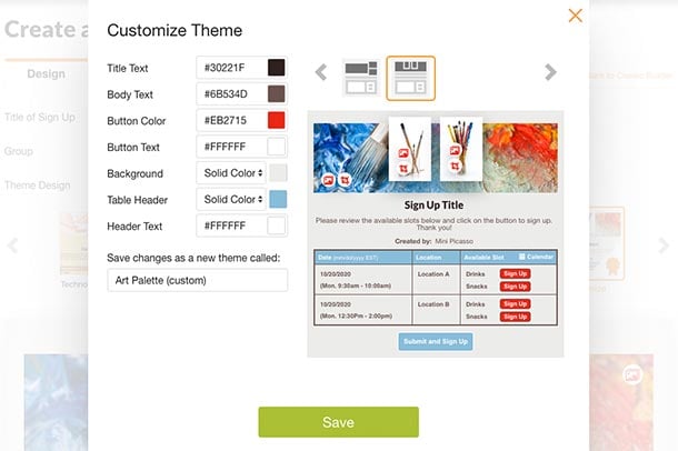 screenshot of custom theme area of the sign up builder with option to change colors and images