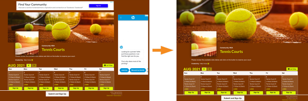 screenshot of ads versus no ads on a tennis court reservation sign up