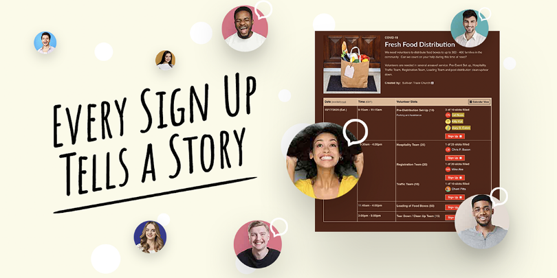 image of every sign up tells a story graphic with floating circles of people