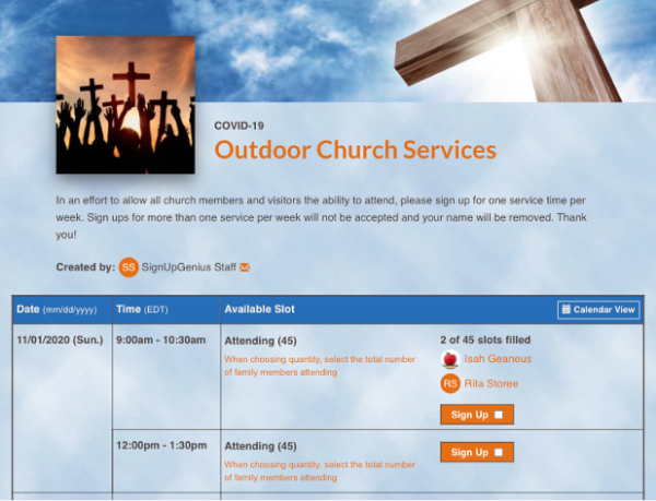 screenshot of outdoor church gathering sign up