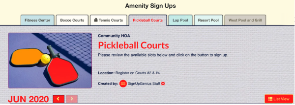 screenshot of a pickleball court sign up tabbed together with other amenity sign ups