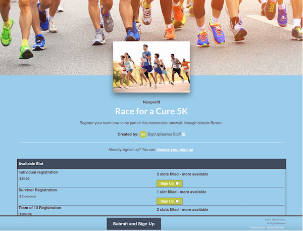 screenshot of 5k registration sign up