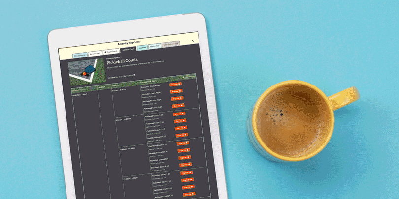 animated image with an iPad on a sky blue background next to a yellow coffee cup - the iPad cycles through tabbed amenity sign ups