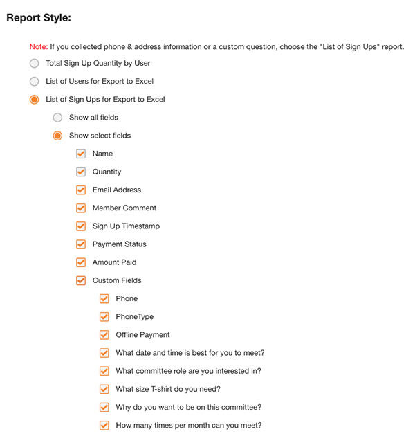 report style list of sign ups for export to Excel - select fields