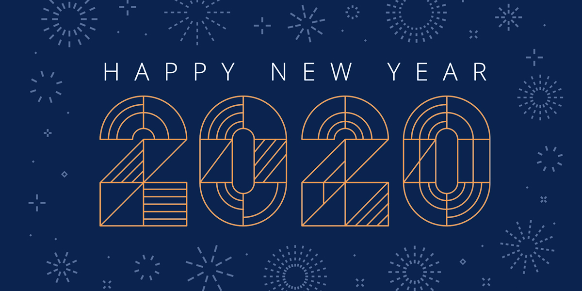 happy new year 2020 graphic with dark blue background and gold lettering