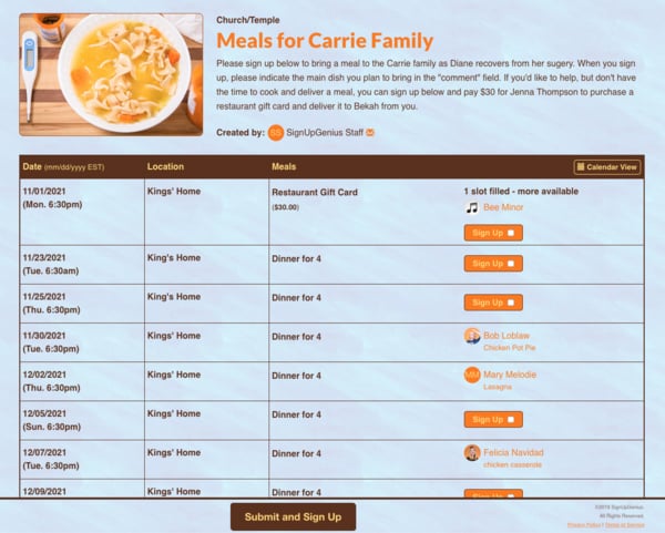 SignUpGenius sign up organizing Meals for Carrie Family