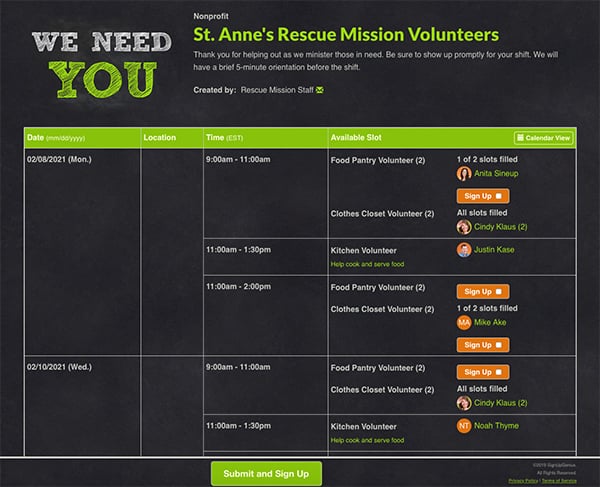 SignUpGenius sign up organizing St. Anne's Rescue Mission Volunteers