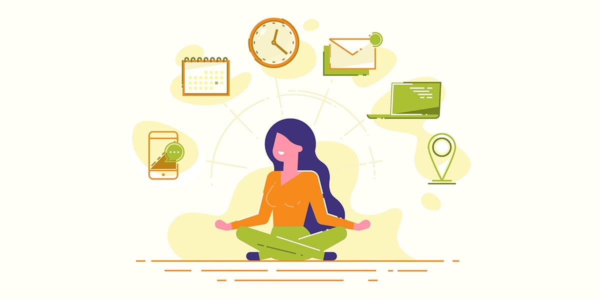 illustration showing woman at peace with event planning icons around