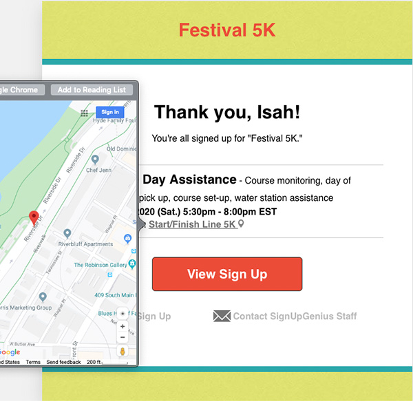 screenshot of sign up confirmation email including Google Maps location expanded