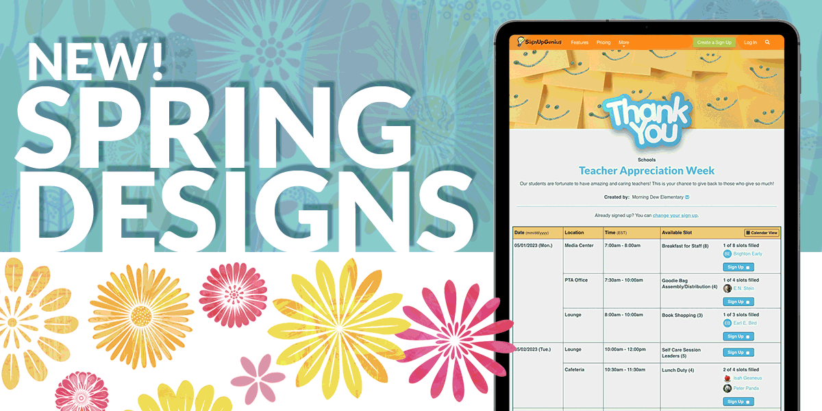 new spring designs animation with rotating flowers and sample designs on an iPad