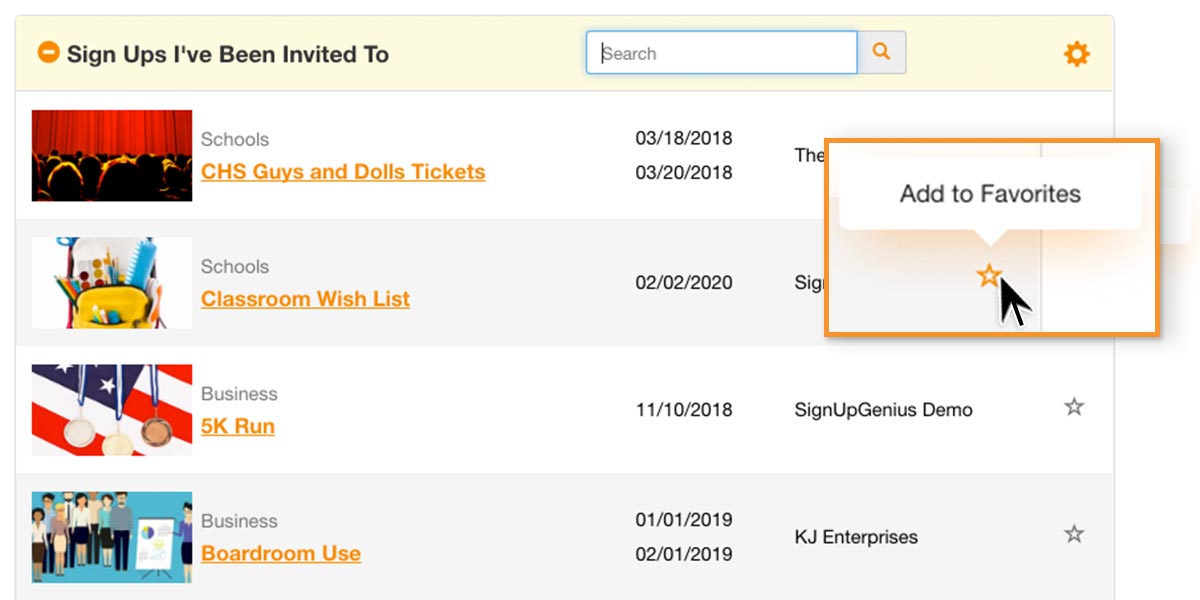 star add favorites folders signupgenius features how to guide tips