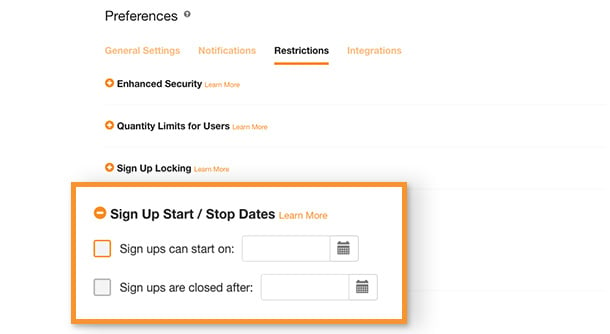 screenshot of area where you can set start and stop dates on a sign up