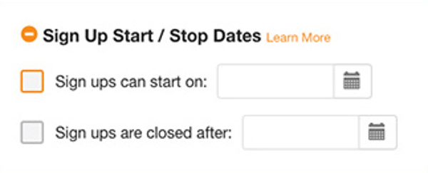 screenshot of settings to set start and stop dates