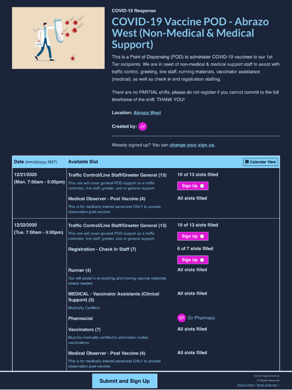 screenshot of sign up coordinating vaccine support staff