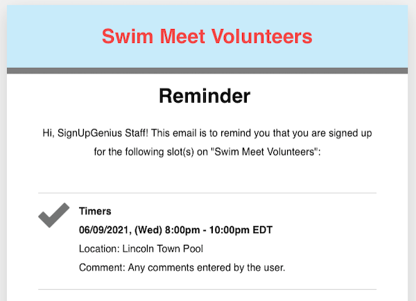 screenshot of reminder email for swim meet volunteers