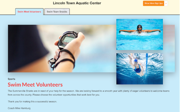 screenshot of two sign ups for swim meet volunteers tabbed together