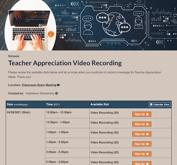 teacher appreciation video recording sign up