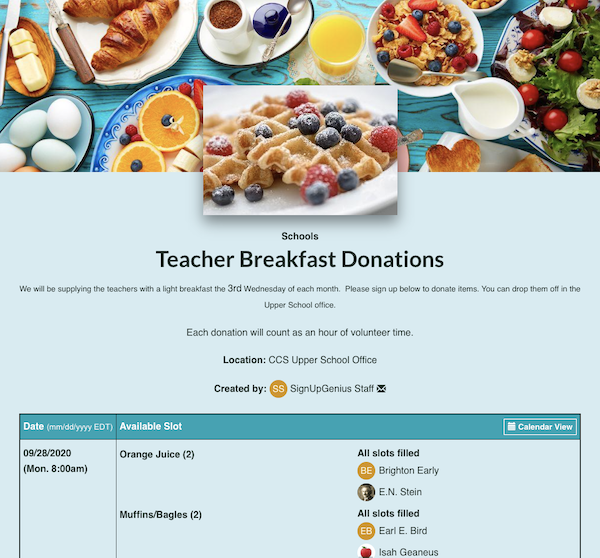 teacher breakfast donations sign up