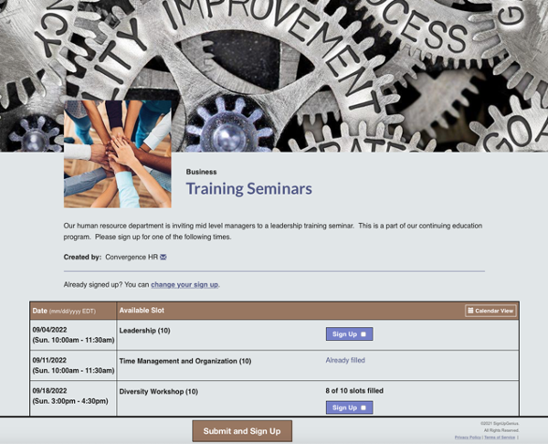 screenshot of training seminar sign up for leadership and DEI classes