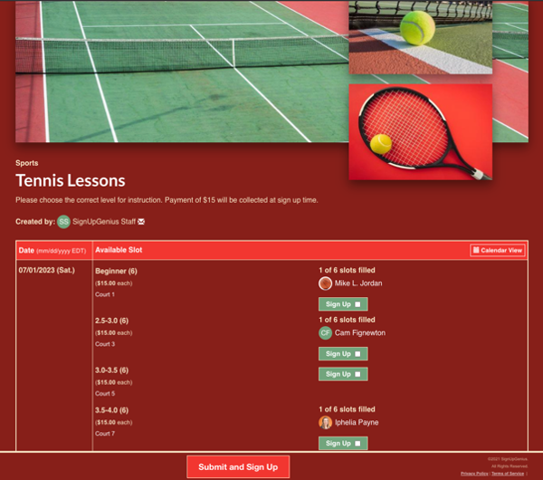 screenshot of tennis court lesson registration