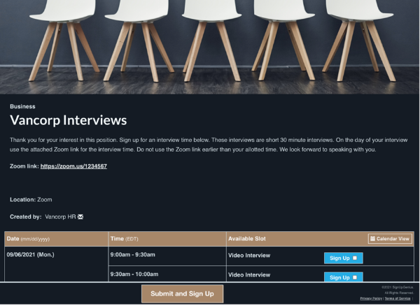 screenshot of sign up for Vancorp Interviews