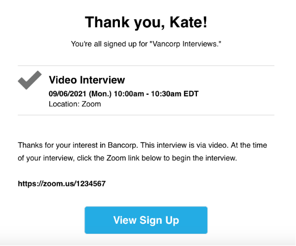 screenshot of confirmation email for video interview