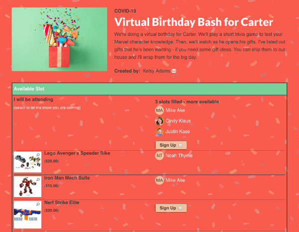 screenshot of sign up showing a virtual birthday bash invitation