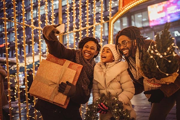 holiday scene with people taking group selfie picture