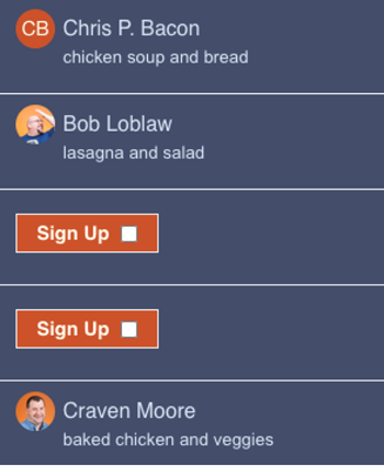 screenshot of participant sign up comments listing the types of meals