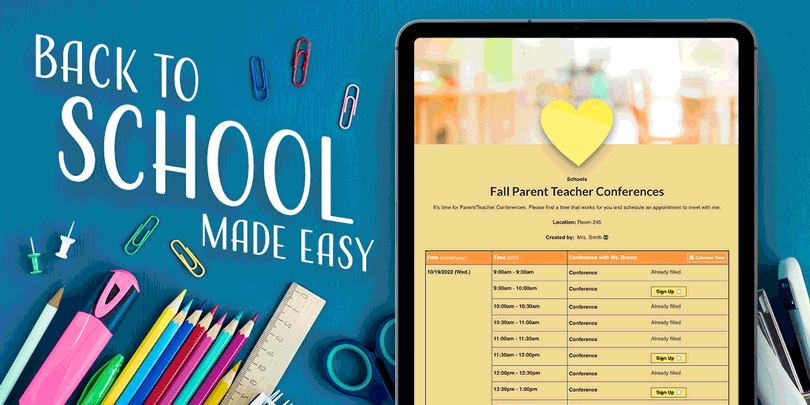 animation showing three back to school sign ups rotating on a blue background with school supplies and text: Back to School Made Easy