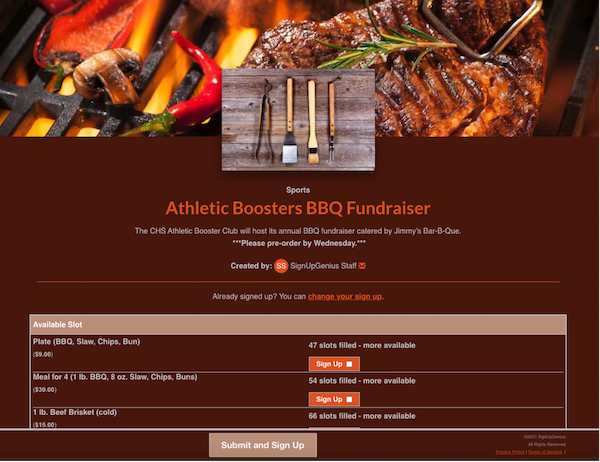 screenshot of athetic booster club bbq fundraiser sign up