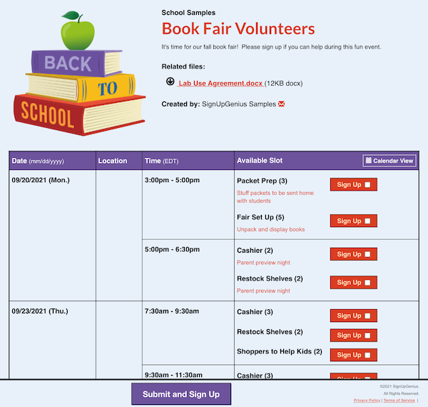 screenshot of book fair volunteer sign up