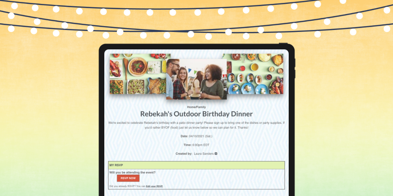 image on orange and green ombre background with illustrated twinkly lights and an outdoor dinner sign up on an iPad