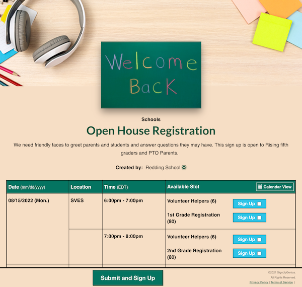 screenshot of open house registration sign up