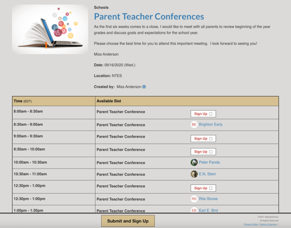 screenshot of parent teacher conference appointment sign up