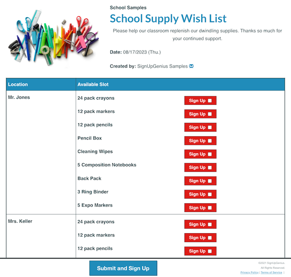 screenshot of school supply wish list