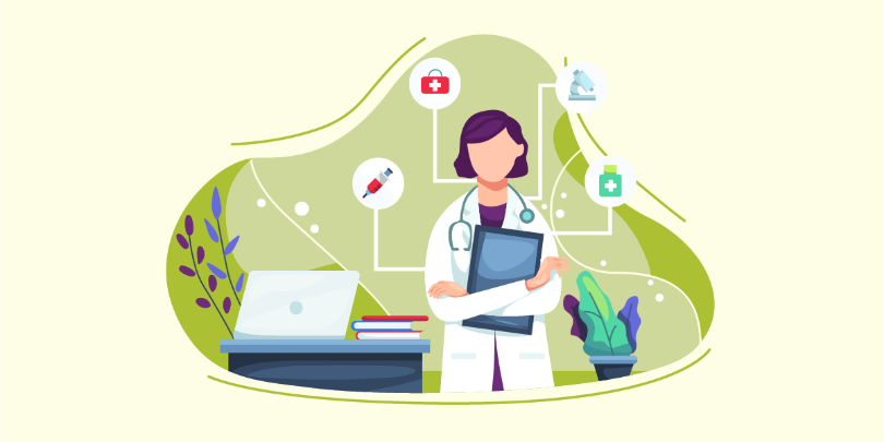 illustration of healthcare provider in front of laptop and surrounded by medical icons