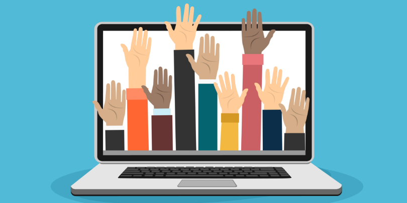 illustrated image of volunteer hands coming from laptop computer